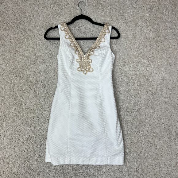 Lilly Pulitzer Bentley White Gold Trim Shift Dress Womens 0 Graduation Preppy - Picture 1 of 9